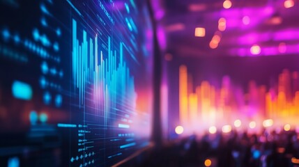 Obraz premium Blurred conference stage with an LED backdrop displaying futuristic technology data, high-tech corporate summit.