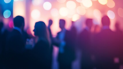 Naklejka premium Blurred corporate networking event with silhouettes of businesspeople discussing deals and exchanging contacts, professional and elegant.