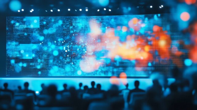 Blurred conference stage with an LED backdrop displaying futuristic technology data, high-tech corporate summit.