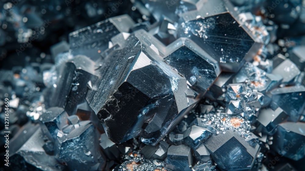 Poster a collection of blue black mineral crystals are displayed in a natural setting, with light creating 