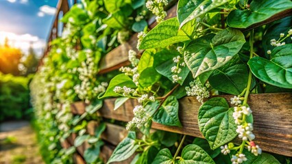 Asymmetrical Malabar Spinach Vine with Delicate White Flowers Climbing a Rustic Fence - Stock Photo