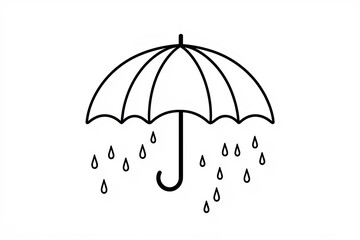 Simple outlined umbrella with raindrops falling around it.