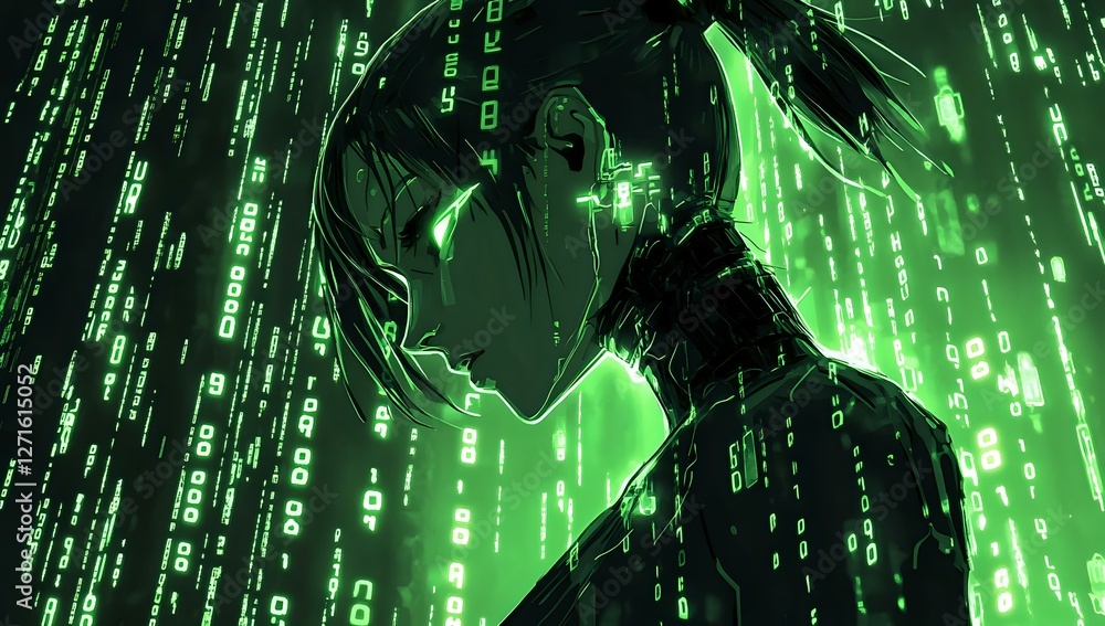 Aufkleber anime character in cyberpunk style with digital matrix code rain effect in neon green, side profile 