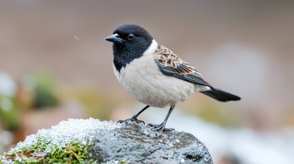 Small Bird Perched on Snowy Rock, Outdoor Scene