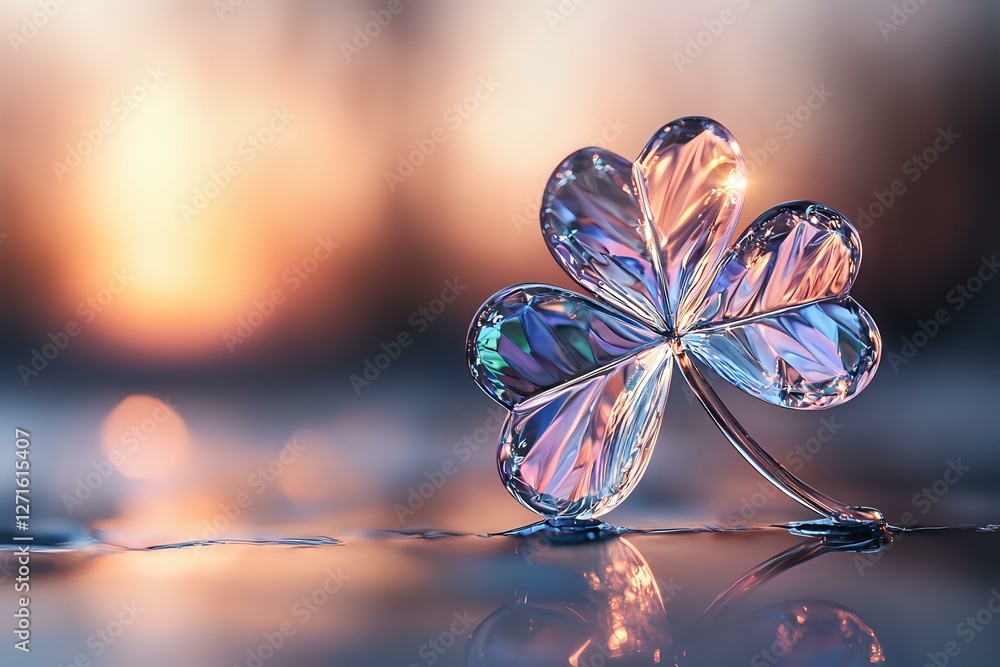 Poster delicate glass clover with iridescent reflections on blurred background with bokeh lights. macro pho