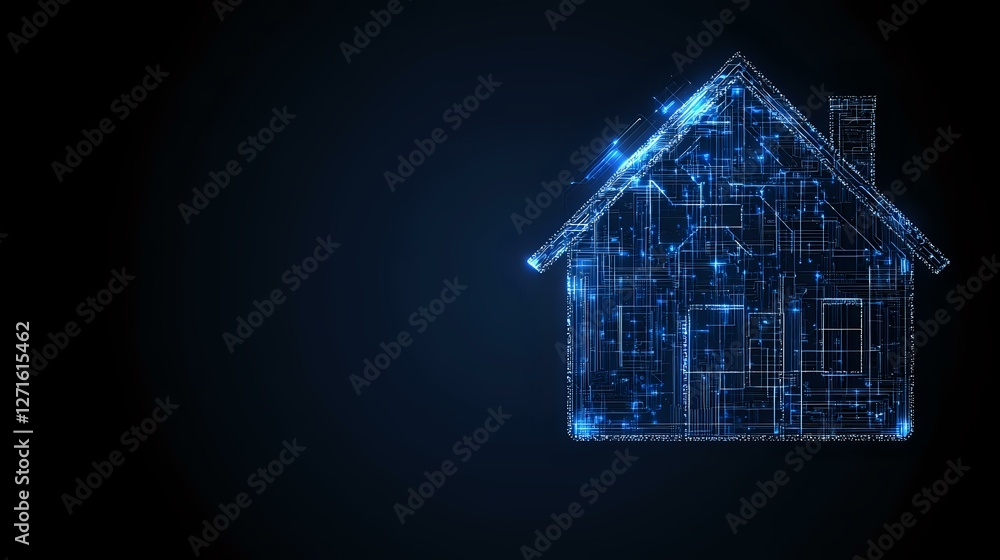 Aufkleber glowing blue wireframe house silhouette with digital circuit pattern on dark background shows smart 