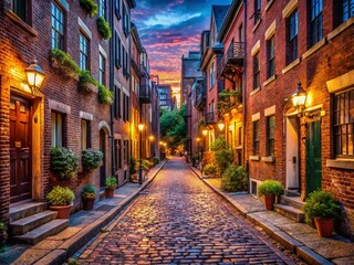 Obraz premium Atmospheric Night Photography: Boston North End, Cobblestone Streets & Historic Buildings