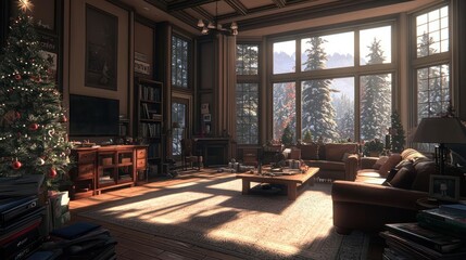 Fototapeta premium Sunlit Living Room with Christmas Tree and Mountain View