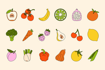 Fruits and vegetables. Cartoon fruit vegetable icons, organic food with different berries, veggies, fruits and greens, cute comic colorful flat elements. Vector isolated set