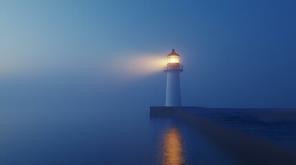 Illuminated lighthouse beacon glowing in misty blue twilight, casting golden reflection on calm water surface, creating atmospheric maritime scene.