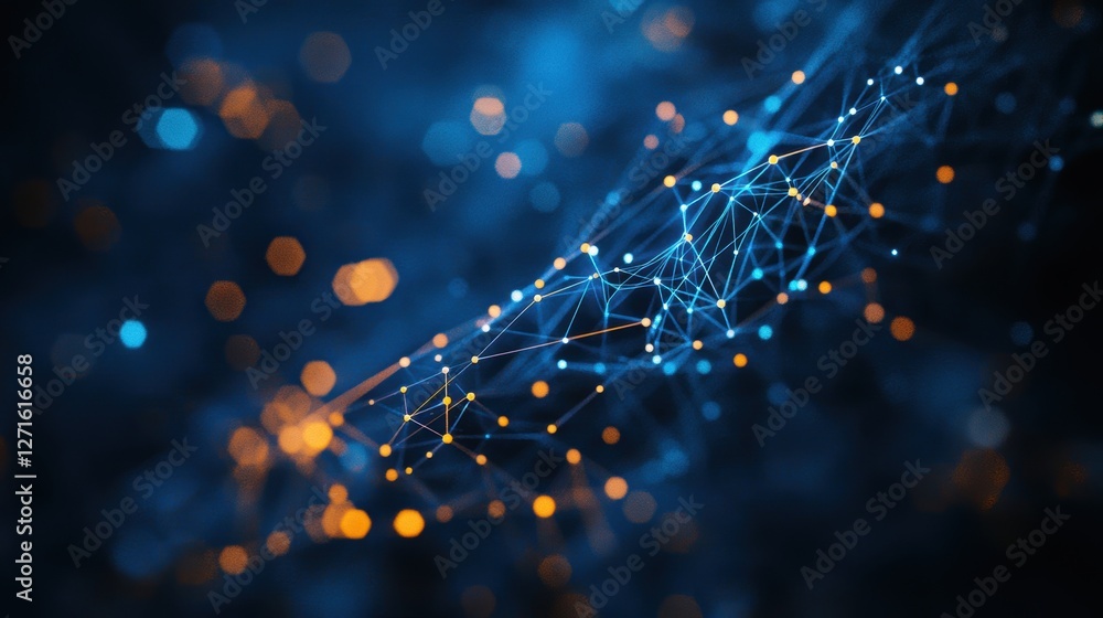 Poster network connections and abstract digital background with blue and orange lights for technology, data