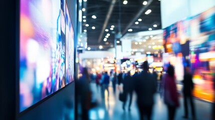 Blurred trade fair background with bright LED displays and people engaging in product demonstrations, dynamic business environment.
