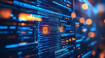 Naklejka premium Digital technology abstract background with glowing lines and code elements in blue and orange colors creating futuristic data visualization pattern.