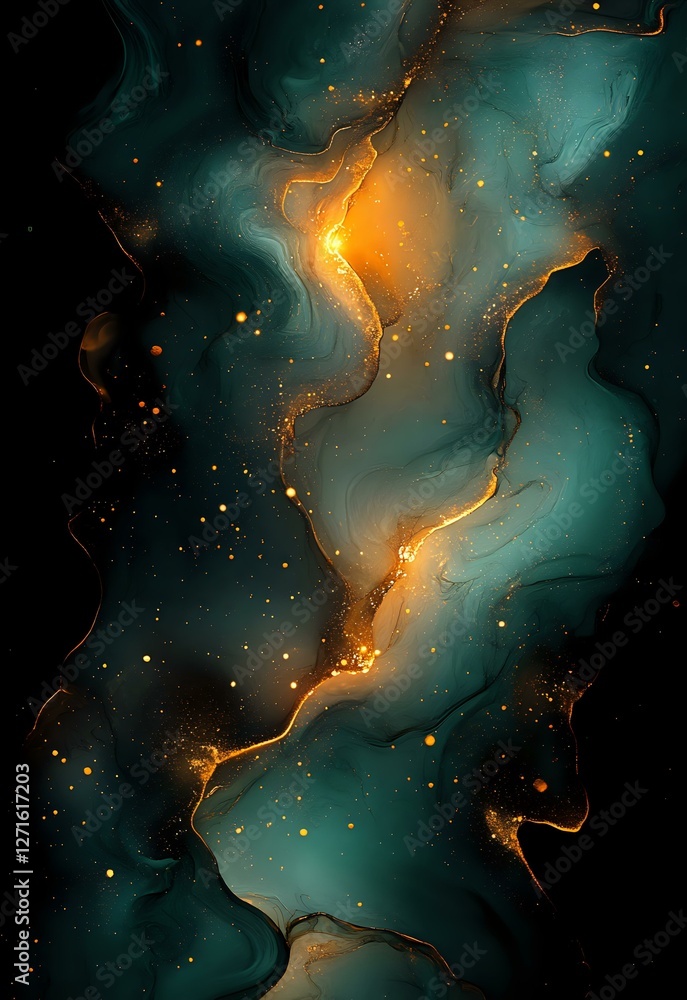 Aufkleber abstract fluid art in deep teal and gold tones featuring luminous flowing lines and glowing particle