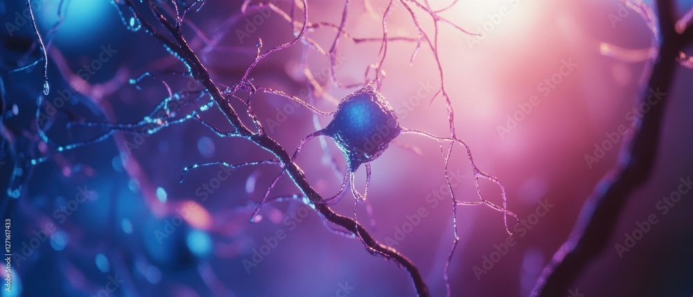 Poster neuroscience abstract background with illuminated neurons and synapses in vibrant colors, showcasing