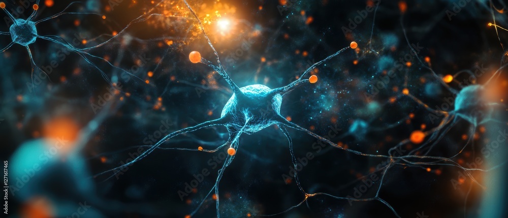 Poster neuroscience concept art depicting glowing neurons and synapses in a digital environment, exploring 