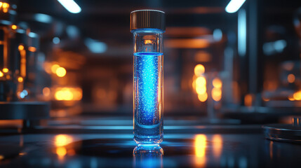 Glowing blue hydrogen gas in a test tube illuminates a futuristic laboratory filled with high-tech reflections and intricate details
