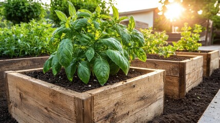Fototapeta premium A vibrant basil plant thrives in a wooden planter, surrounded by lush greenery, illuminated by warm sunlight during a peaceful evening.
