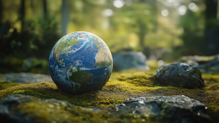 Eco concept with planet earth on green moss promoting nature protection and ecology