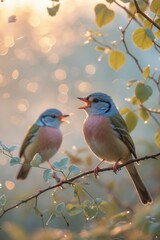 Obraz premium Vibrant songbirds perched on a branch greet the morning light in a tranquil forest setting