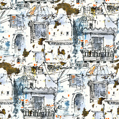 Seamless pattern with a small town. Paper application. Collage art.