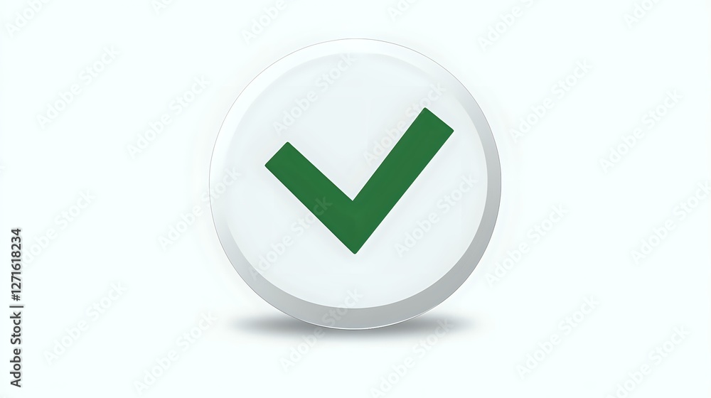 Poster green checkmark on white circular button with soft shadow, isolated on white background for interfac