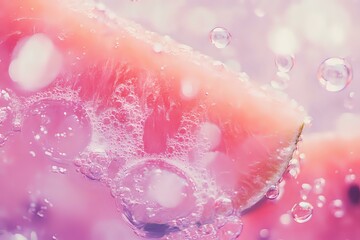Dreamy macro photography of soap bubbles and foam in pink and purple tones creating abstract background with bokeh effect and water drops.