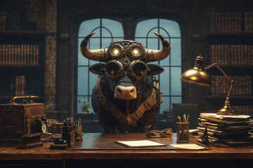 Bull businessman financier in steampunk style sits at his desk in his Victorian-style office, the concept of an aggressive securities purchase strategy on the stock exchange