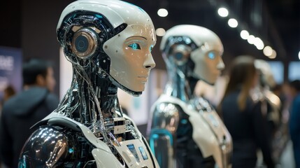 Fototapeta premium Cutting-edge robotics and AI showcase at a global exhibition, with futuristic humanoid robots interacting with visitors, sci-fi-inspired tech expo.