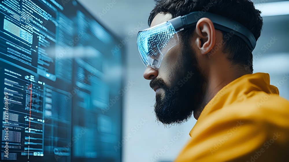 Poster middleographic display views data streams in yellow hoodie against blue digital interface background