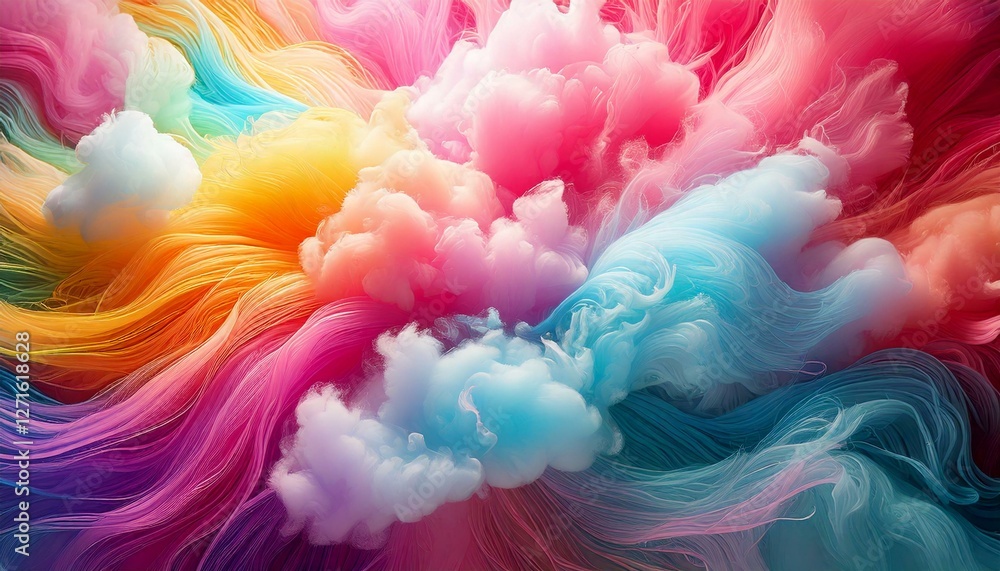 Poster a lighthearted abstract background with swirling patterns, gentle rainbow arcs, and fluffy shapes re