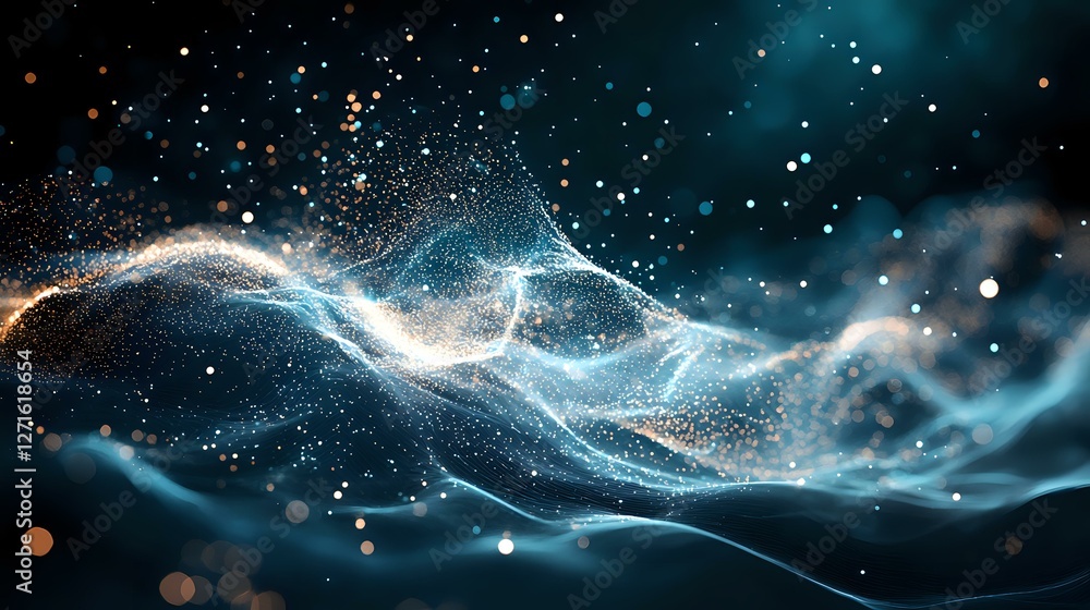 Poster glowing particles form ethereal wave against dark background with luminous blue energy stream and fl