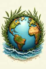 Organic Earth Icon with Foliage Details Set Against an Ocean Scene