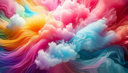 A lighthearted abstract background with swirling patterns, gentle rainbow arcs, and fluffy shapes resembling cotton candy. The design is dreamy and full of imagination.