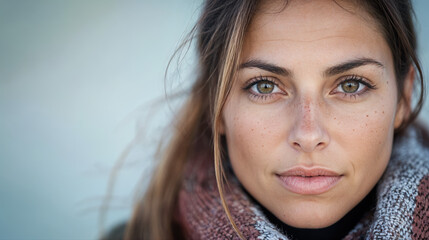 Portrait rapproché d'une jeune femme aux taches de rousseur et yeux verts