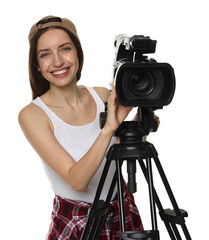 Happy woman with professional video camera on white background