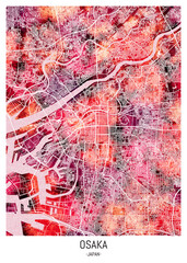 Osaka City Downtown Street Map, watercolor city, watercolor paint, modern city, urban city, hand paint, travel city, travel destination, city background, city banner