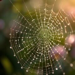 Dew-Covered Spider Web in Morning Light