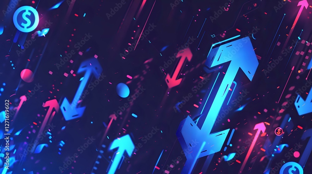 Poster glowing neon arrows in pink and blue colors moving upward and downward on dark background with parti
