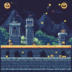 Retro Arcade Adventure Level with Pixelated Graphics Fantasy Landscape Videogame Environment Nighttime