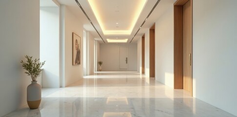 Serene Minimalist Corridor with Sunlight Streaming Through Windows and Artwork on the Wall
