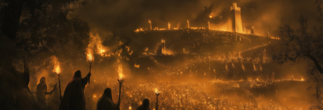 Gideon leading a small band of warriors against a vast enemy camp, with torches and jars in hand.