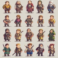 Pixelated NPC Character Collection Retro Gaming Digital Art Creative Environment Diverse Viewpoint Animated Concept