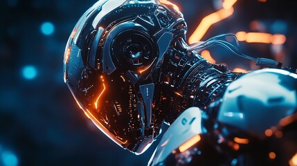  Cybernetic Hand: A Detailed Close-Up of a Futuristic Robotic Hand with Glowing Orange and Blue Accents, Emphasizing Advanced Technology, Artificial Intelligence, and the Potential of Human-Machine In