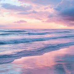 Dreamy Pastel Sunset Over Calm Ocean Waves Serene Beach Landscape Tranquil Atmosphere Aesthetic