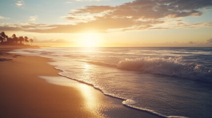 A serene beach scene at sunset, with gentle waves lapping at the shore and a golden sun illuminating the horizon.