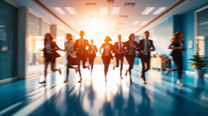 Blurred background with nine office workers running inside a corporate building. Business team in a rush