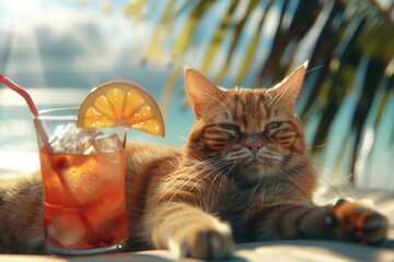 A relaxed cat lounges beside a vibrant cocktail, enjoying a sunny beach vibe with palm trees and a serene ocean backdrop.