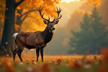 Majestic stag in autumnal woodland, bathed in the golden light of sunset, exhibiting powerful antlers and a rich coat