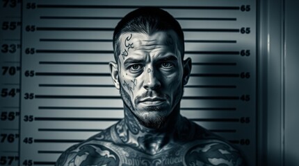 Tattooed Individual's Mugshot in Front of Height Chart at Police Station